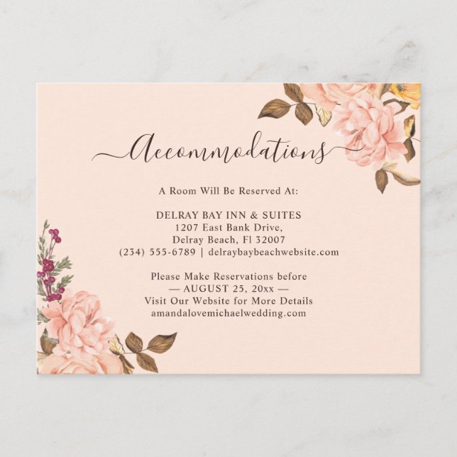 Carte d'hébergement Florale Or Rose (Devant)