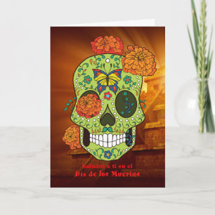 Carte Dia de los Muertos Crâne à sucre, Fleurs en Españo