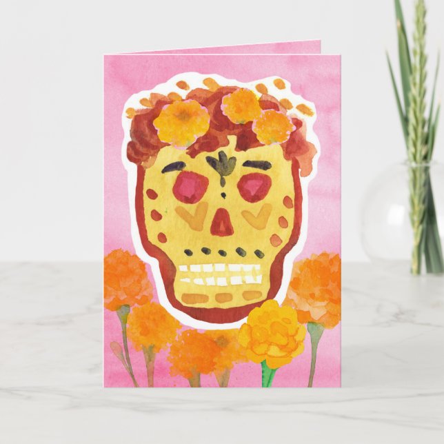 Carte Dia de los Muertos Day of the Dead Skull Marigolds (Devant)