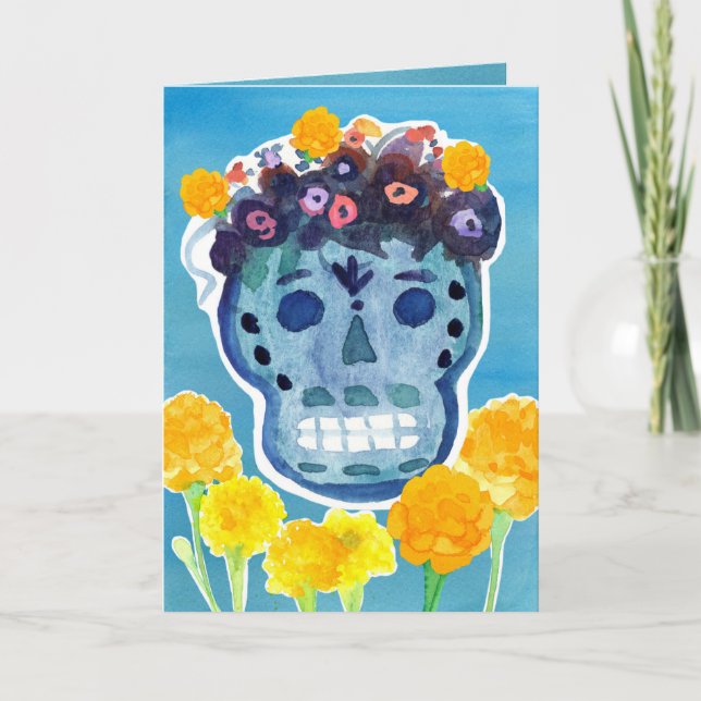 Carte Dia de los Muertos Day of the Dead Skull Marigolds (Devant)