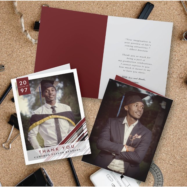 Carte Diagonal Pin Stripes Stylish Graduation Photo (Diagonal Maroon Red Pin Stripes Classic Graduation Photo Folded Card @ zazzle.com/color_therapy)