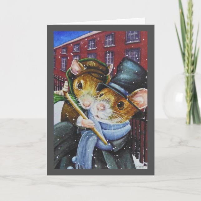 Carte Dickens Christmas Carol Mice Watercolor Art (Devant)