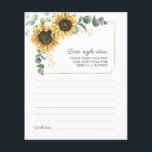 Carte d'idées de la nuit Eucalyptus de tournesol<br><div class="desc">Budget Sunflower Eucalyptus Floral mariage date les cartes d'idées de nuit. Créez une carte d'idées de dattes de Fête des mariées florale de tournesol moderne avec ce modèle mignon avec un beau bouquet floral rustique avec une typographie simple et moderne. CONSEIL : Des cartes de suite mariage comme RSVP, des...</div>