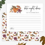 Carte d'idées de nuit Date d'automne<br><div class="desc">Plongez dans une escapade automnale de rêve avec notre carte enchanteresse d'idées de la nuit de la Date d'Automne. Des citrouilles d'aquarelle peinte à la main, des fleurs de fleurs de bordeaux et de terre cuite aux botaniques rustiques vert de forêt et rouille, chaque détail est soigneusement peint. Ajoutez une...</div>
