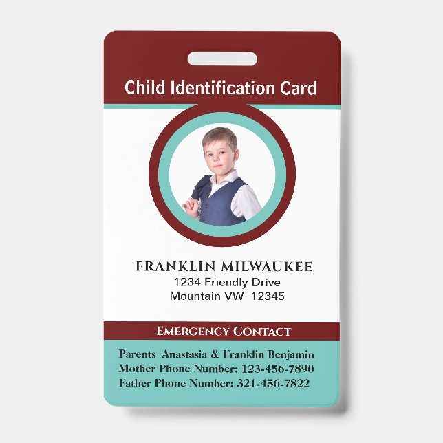 Carte d'identité Badge Photo Enfant Garçon Fille (Avant)