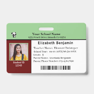 Carte d'identité de l'élève Badge de l'école