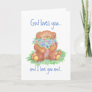 Carte Dieu t'aime et je t'aime, fleurs d'ours en peluche