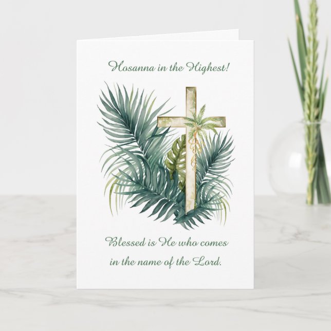 Carte Dimanche des Rameaux avec croix et rameaux Hosanna (Devant)