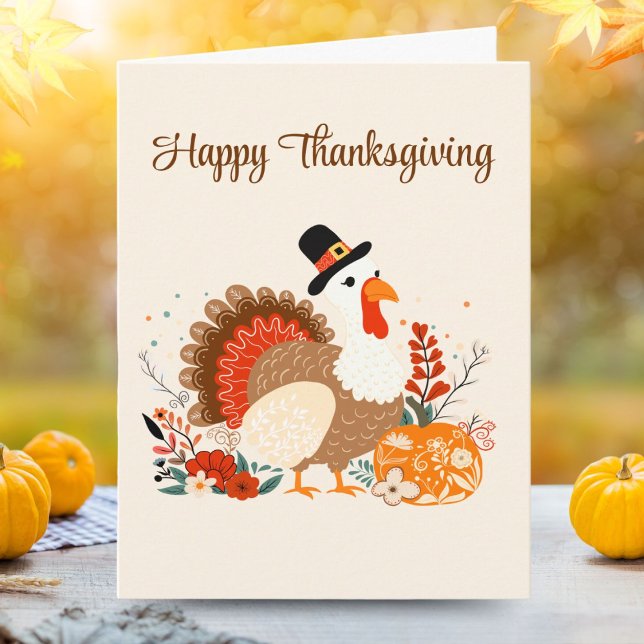 Carte Dinde de Thanksgiving avec citrouilles et feuilles (Créateur téléchargé)