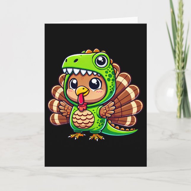 Carte Dinde de Thanksgiving en costume de T-rex Drôle de (Devant)