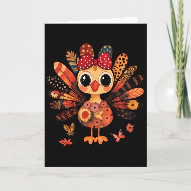 Carte Dinde de Thanksgiving Mignon Coquette Nœud Fille E (Devant)
