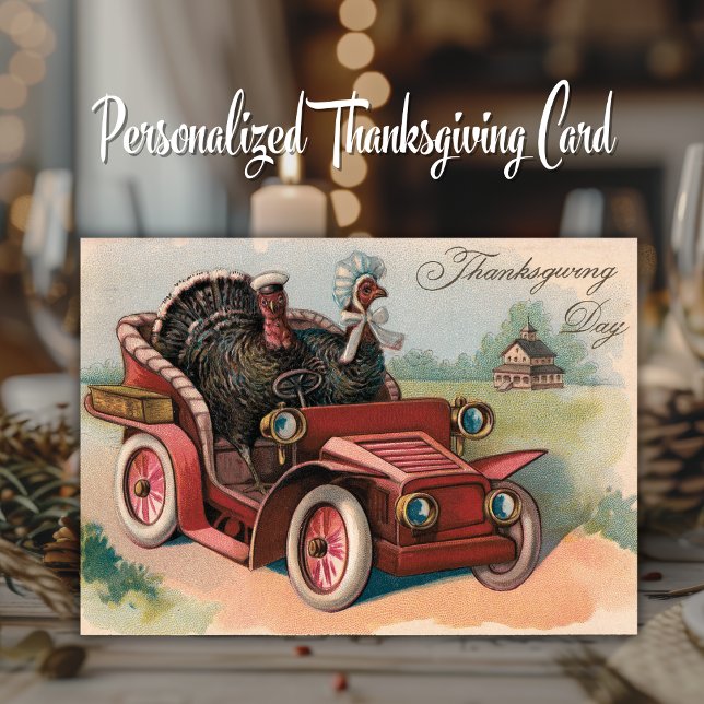 Carte Dindes voyageant dans une voiture vintage Thanksgi (Turkeys Riding in a Car Vintage Thanksgiving Card.  Just add your name & a special message!)