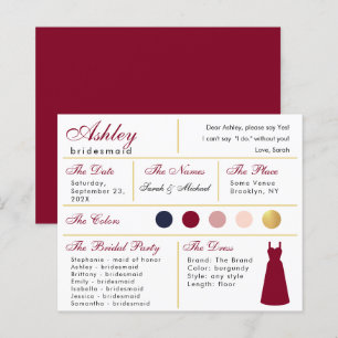Carte d'information Bridesmaid Burgundy Gold Colon
