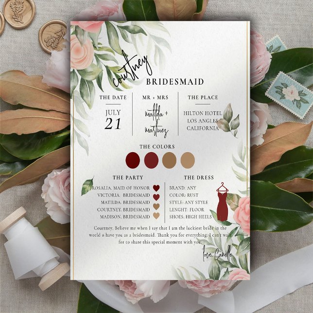 Carte d'information Bridesmaid du script Floral (Créateur téléchargé)