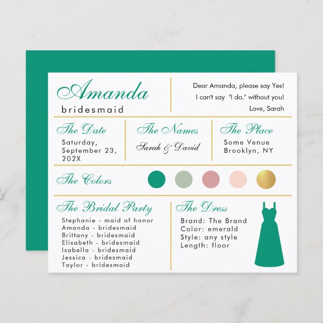 Carte d'information Bridesmaid Emerald Green Gold (Devant / Derrière)