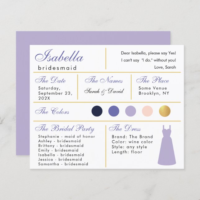 Carte d'information Bridesmaid Lavender Purple Gol (Devant / Derrière)