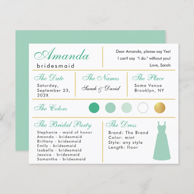 Carte d'information Bridesmaid Mint Green Faux Gol (Devant / Derrière)