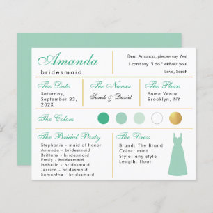 Carte d'information Bridesmaid Mint Green Faux Gol