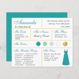 Carte d'information Bridesmaid Turquoise Faux Gold