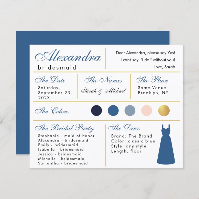 Carte d'information classique Blue Faux Gold Bride (Devant / Derrière)