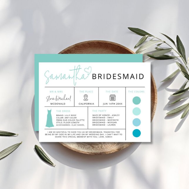 Carte d'information de la femme de ménage d'été, G (Summer Bridesmaid Info Card, Bridal Party Guide Invitation)