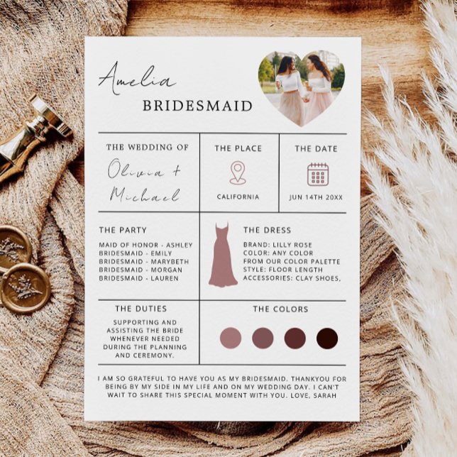 Carte d'information de la servante, carte d'inform (Bridesmaid Info Card, Bridesmaid Information Card, Invitation)