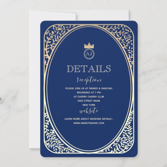 Carte d'information de mariage élégante navy et or (Devant)