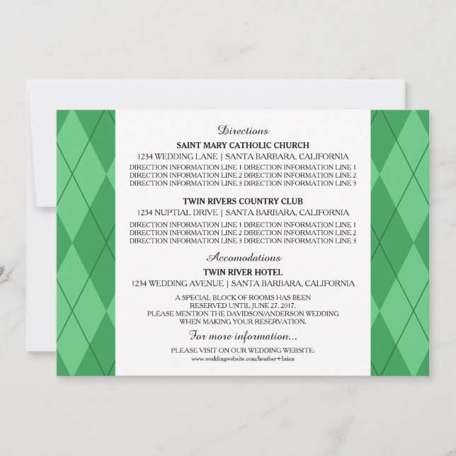 Carte d'information de mariage Green Argyle (Devant)