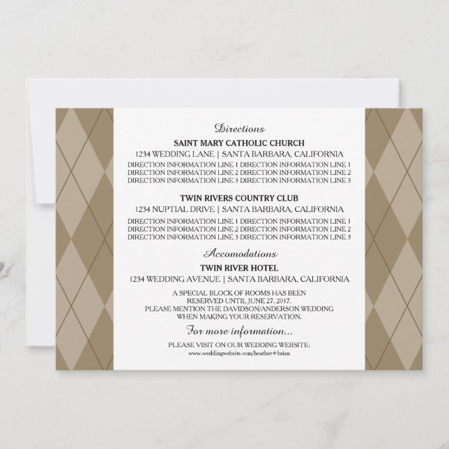 Carte d'information de mariage Mocha Argyle (Devant)