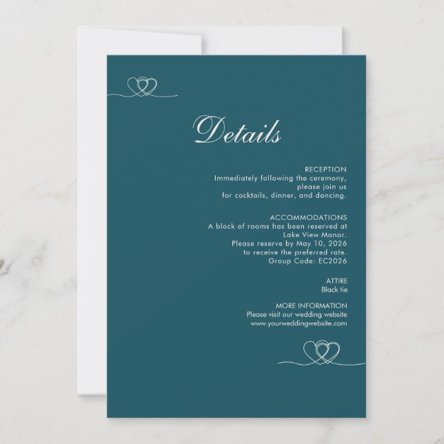 Carte d'information de mariage moderne sarcelle fo (Devant)
