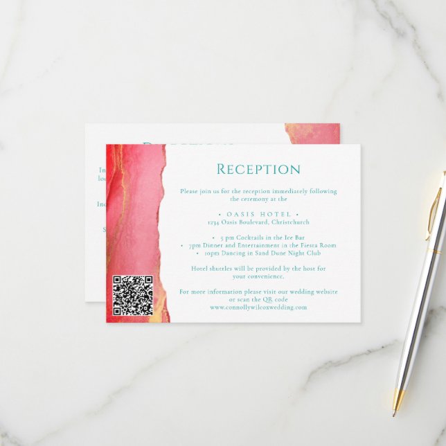 Carte d'information de mariage rose orange vert (Devant/Arrière en situation)