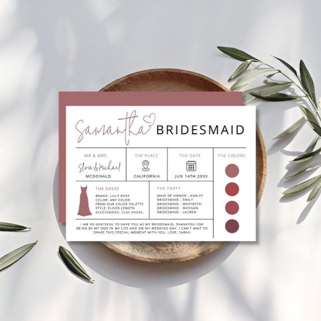 Carte d'information Maroon Bridesmaid, Guide de fê (Maroon Bridesmaid Info Card, Bridal Party Guide Invitation)