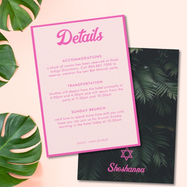 Carte d'information pour Bar Mitzvah rose tropical (Pink Tropical Bat Mitzvah Details Enclosure Card
)