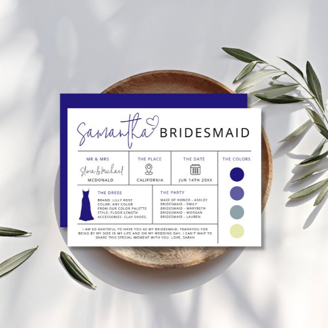 Carte d'information pour Demoiselles d'Honneur Rét (Retro Bridesmaid Info Card, Bridal Party Guide Invitation)