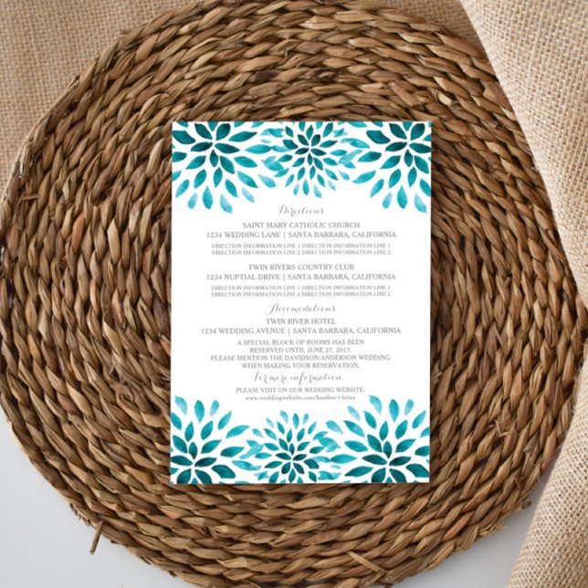 Carte d'information sur le chrysanthème à l'aquare (Teal Watercolor Chrysanthemum Wedding Information Card)