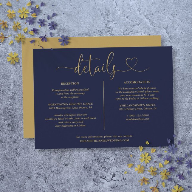 Carte d'information sur les détails de la police d (Navy Blue And Gold Script Details Information Card)