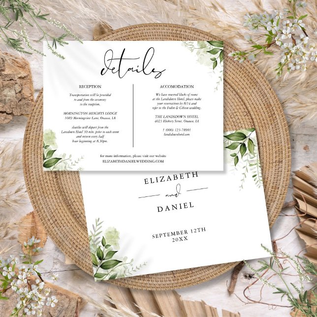 Carte d'information sur les détails de mariage flo (Greenery Floral Wedding Details Information Card)