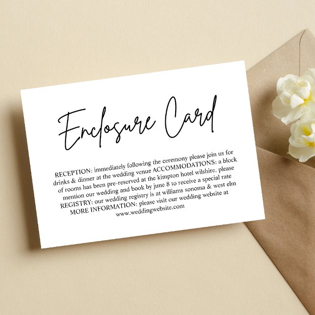 Carte d'information sur les détails du mariage ave (Handwritten script enclosure card shares wedding details with a personal, elegant touch.)