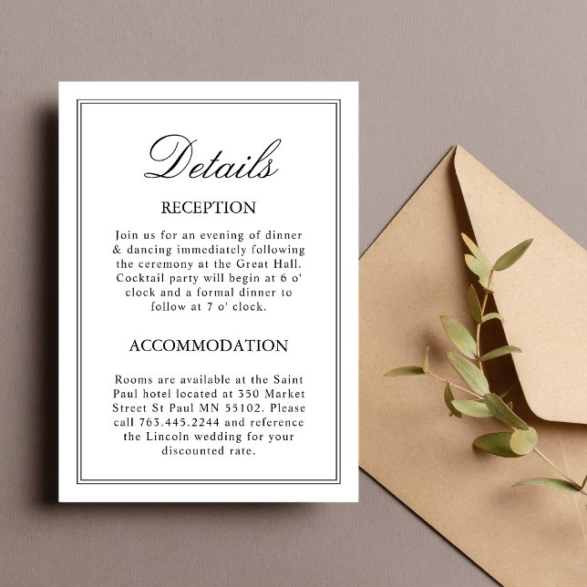Carte d'information sur les détails du mariage bla (White classic details enclosure card shares key info with elegant clarity for wedding guests.)