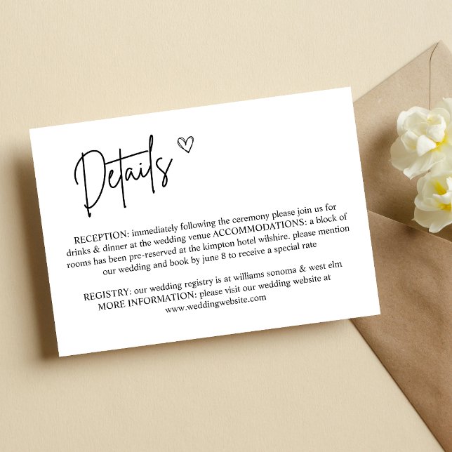 Carte d'information sur les détails du mariage min (Elegant minimalist enclosure card shares wedding details with a refined, clean touch.)