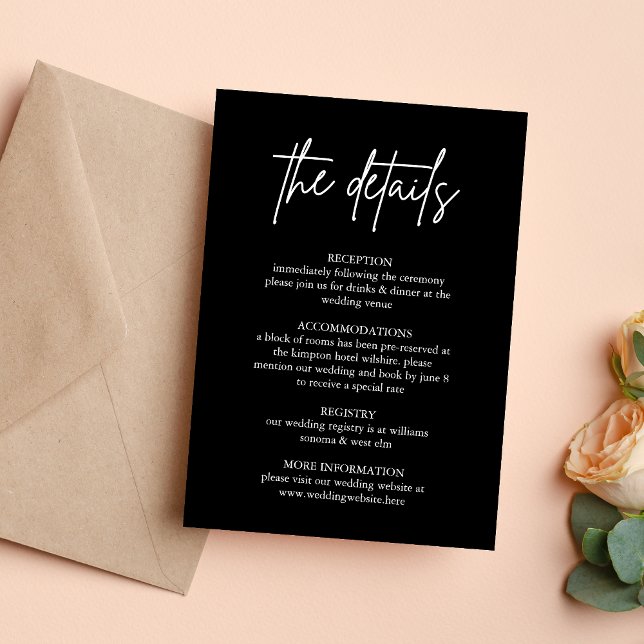 Carte d'information sur les détails du mariage min (Minimalist black enclosure card shares wedding details with a sleek, refined touch.)
