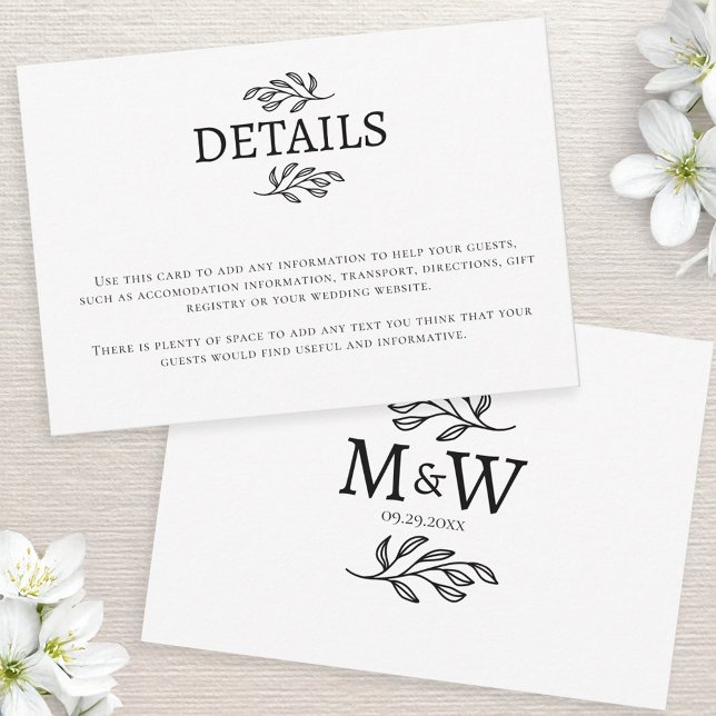 Carte d'information sur les initiales de deux mari (Wedding details information enclosure card with couple monogram initials and botanical leaf line art)