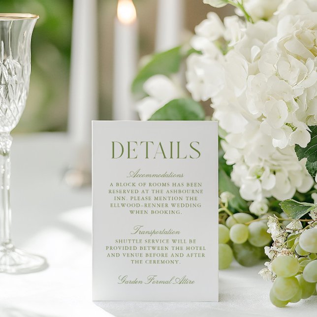 Carte d'informations sur le Mariage Mariage Sage G (Sage Green & White Wedding Wedding Details Card)