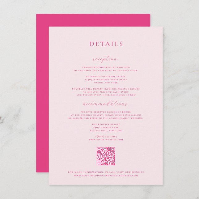 Carte d'informations sur le Mariage rose Cerise (Devant / Derrière)