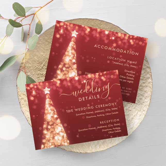 Carte d'informations sur le Mariage rouge or Festi (Festive Xmas Tree Gold Red Wedding Details Card)