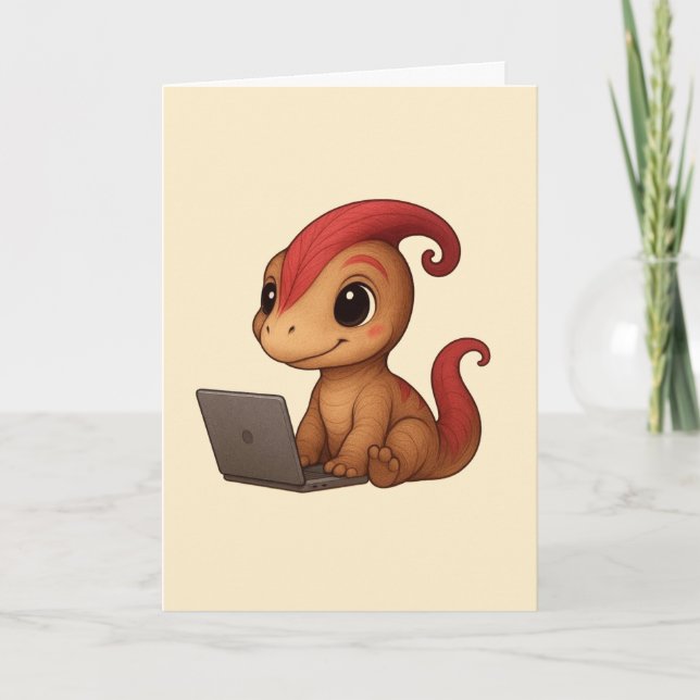 Carte Dino Karte – Dino Kammli am Laptop (Devant)