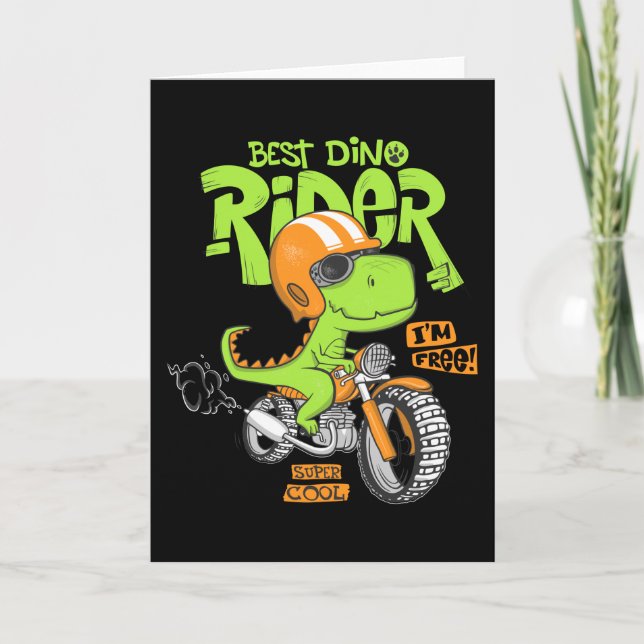 Carte Dinosaure chevauchant une moto (Devant)