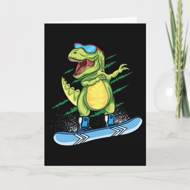 Carte Dinosaure cool snowboard ski dabbing T Rex neige (Devant)