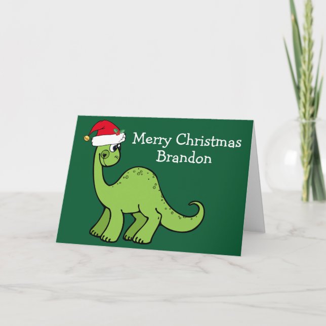 Carte Dinosaure de Noël mignon à Santa Hat Custom Green (Devant)