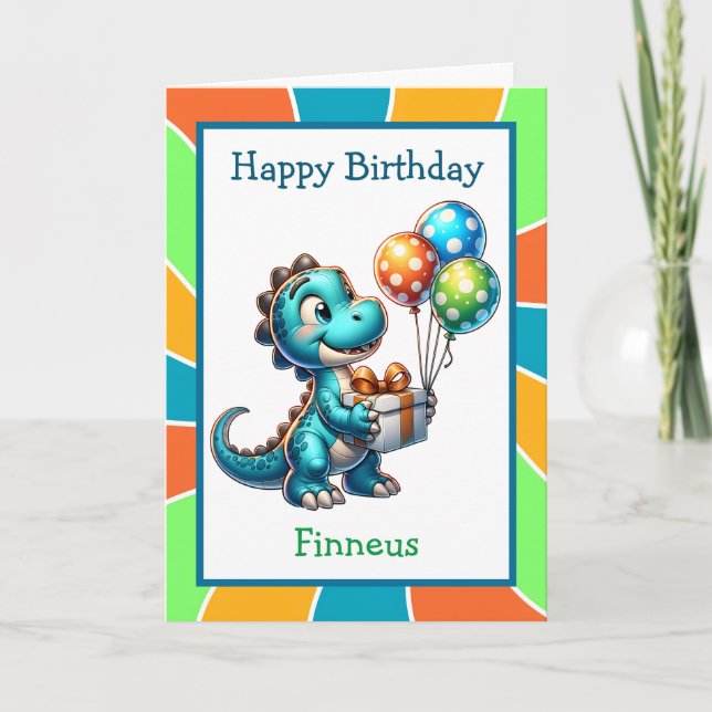 Carte Dinosaure mignon et coloration page Anniversaire (Devant)